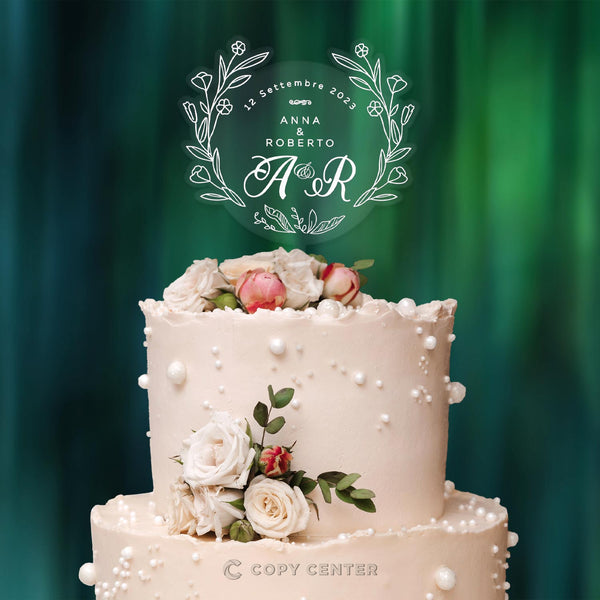 Cake Topper Matrimonio in Plexiglass moderno con nome, iniziali e data