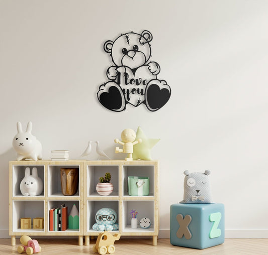 I Love You Teddy Bear Wall Art Personalizzata in Legno - Taglio e Progettazione Artigianale